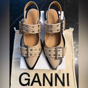 Ganni Chunky Buckle Slingback Flats-Taos Taupe-Size 41-NEW IN BOX. Retail $425.